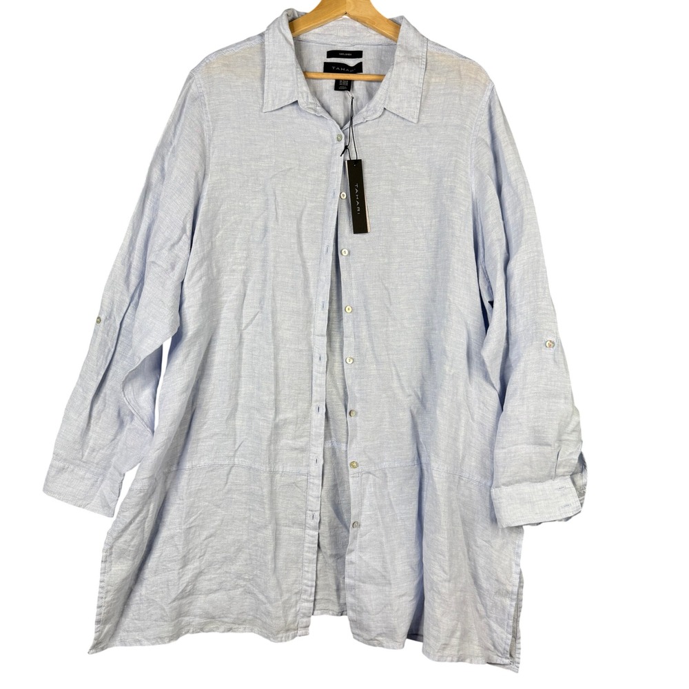 Tahari Women 2X Light Blue 100% Linen Roll-Tab Button Front Tunic Shirt NEW